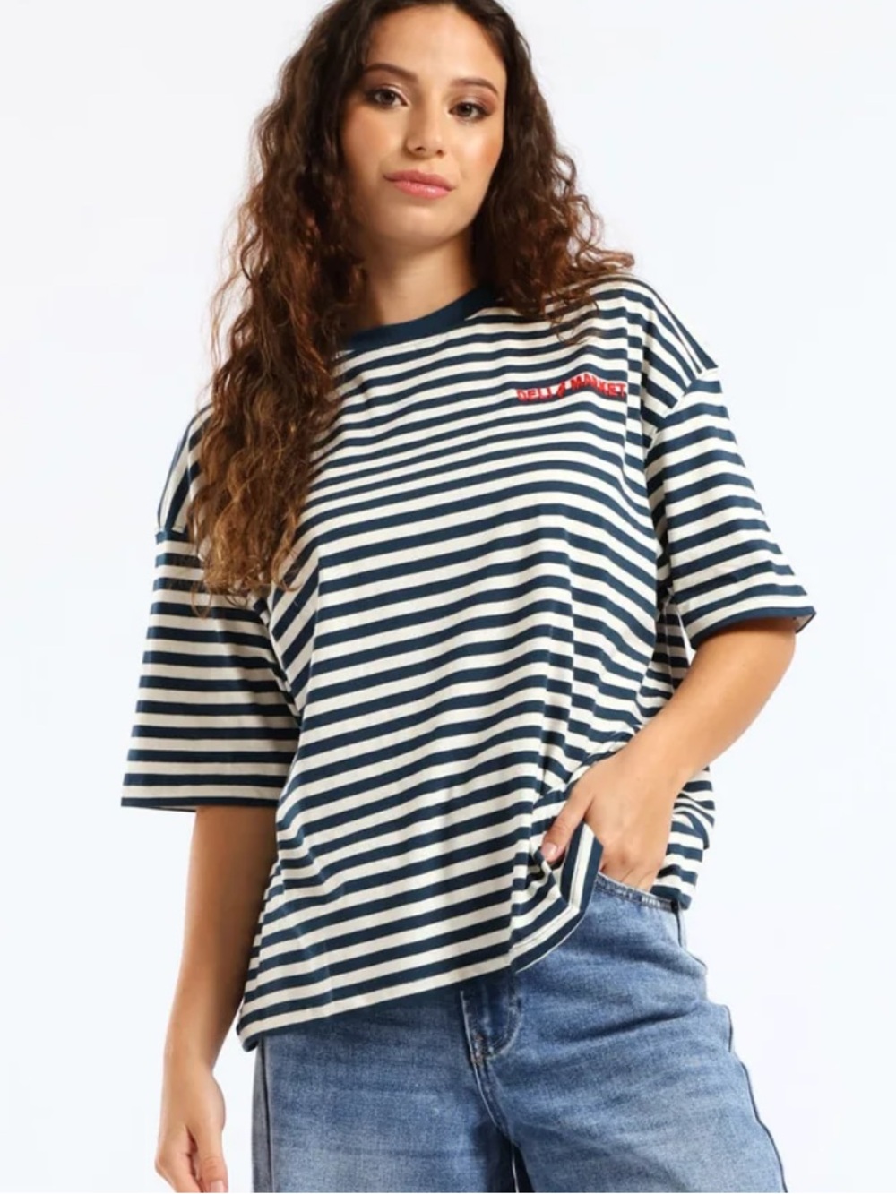 Pull&Bear Oversized Stripe Deli & Grocery Navy White Oversized Tee Shirt Top M